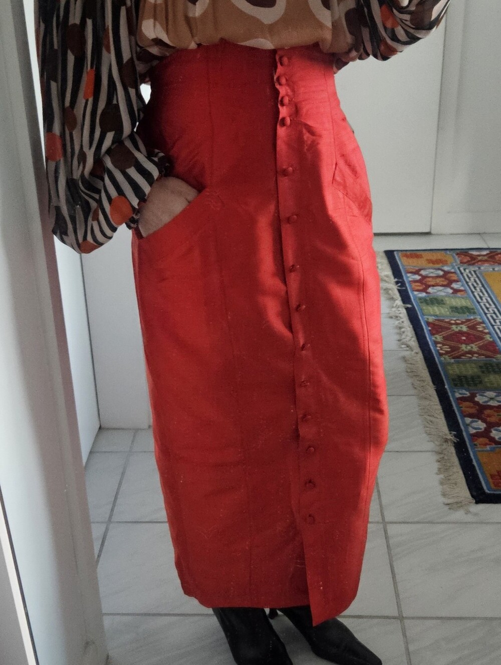 Chacok France Carmen Silk Orange Red High Waisted Button Down Midi Skirt - Picture 2 of 9